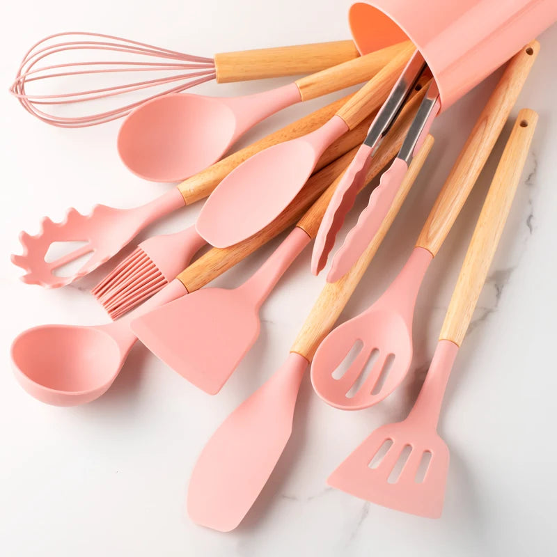 12pcs Silicone Utensil Set With Wooden Handles