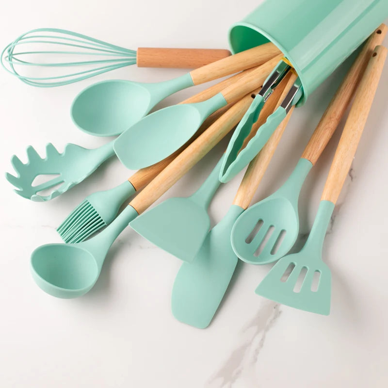 12pcs Silicone Utensil Set With Wooden Handles