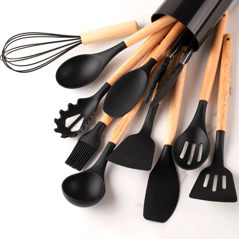 12pcs Silicone Utensil Set With Wooden Handles