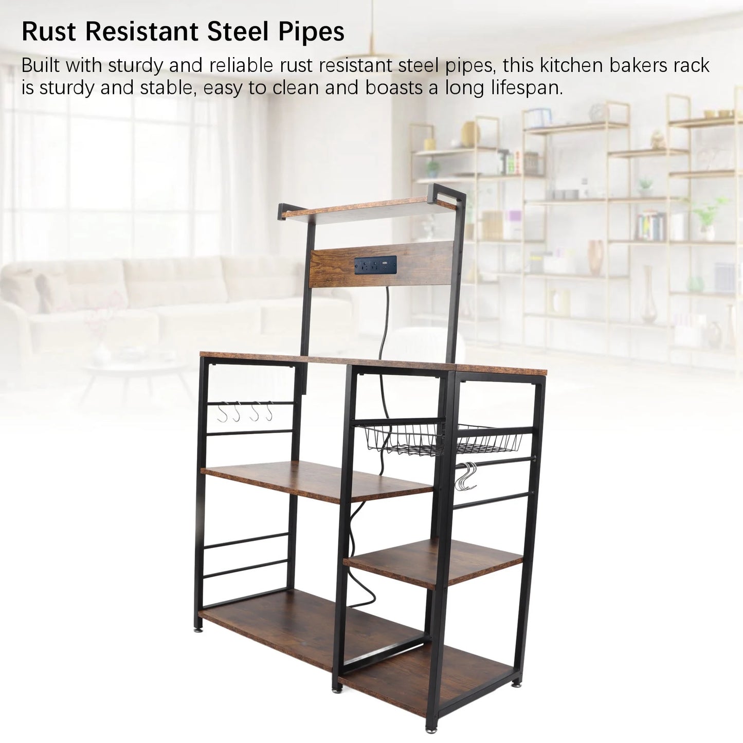 Kitchen Utility Storage Shelf with Power Supply for Microwave Oven, Coffee Bar