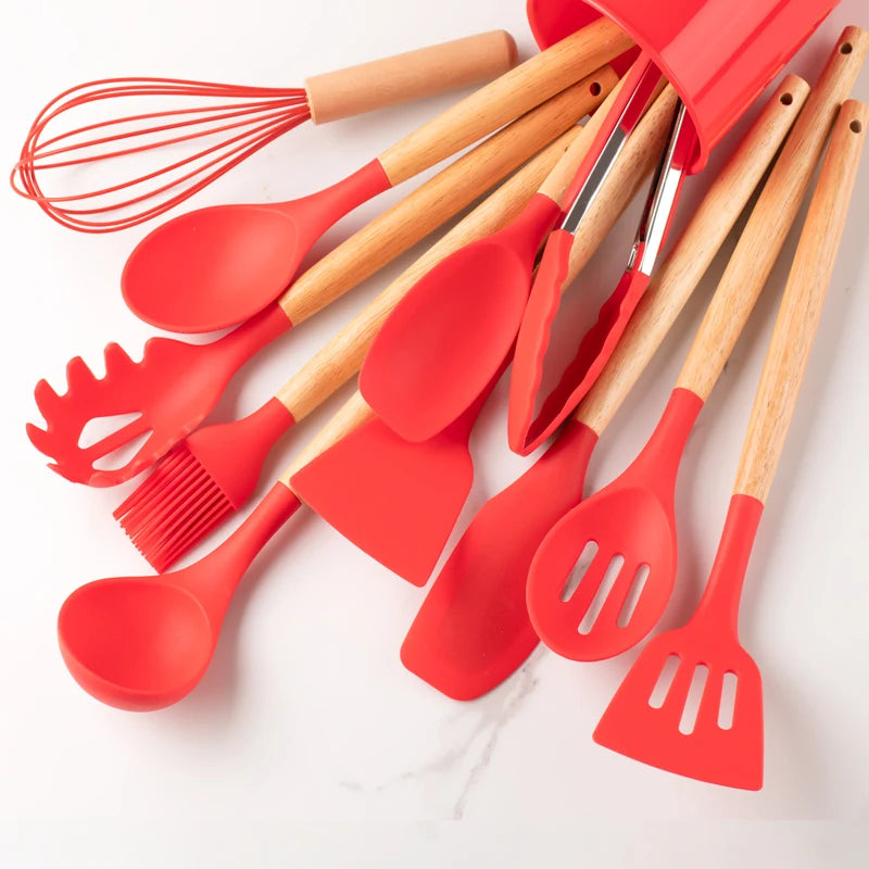 12pcs Silicone Utensil Set With Wooden Handles