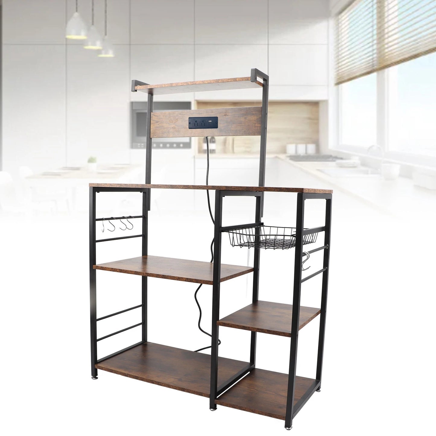 Kitchen Utility Storage Shelf with Power Supply for Microwave Oven, Coffee Bar