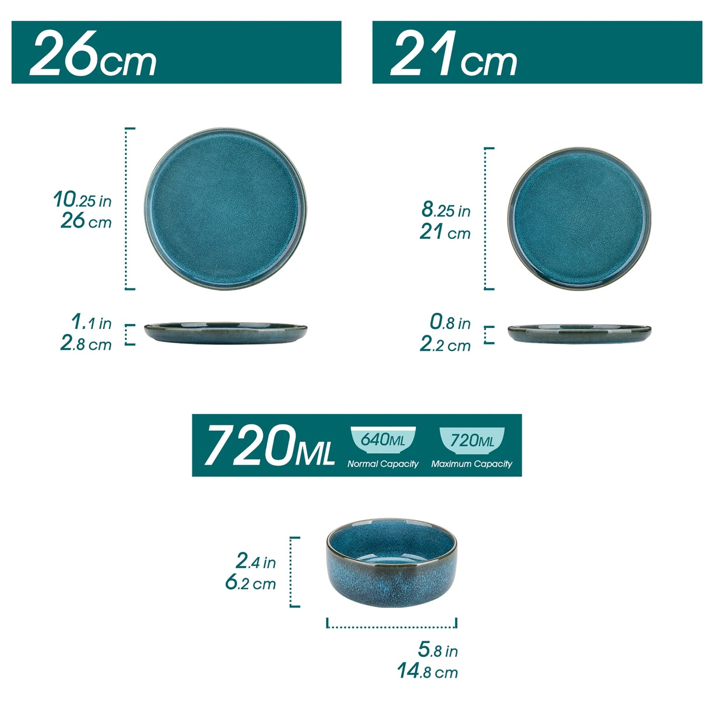 Blue Ceramic Plate Set w/ Dinner Plate/Dessert Plate/Bowl