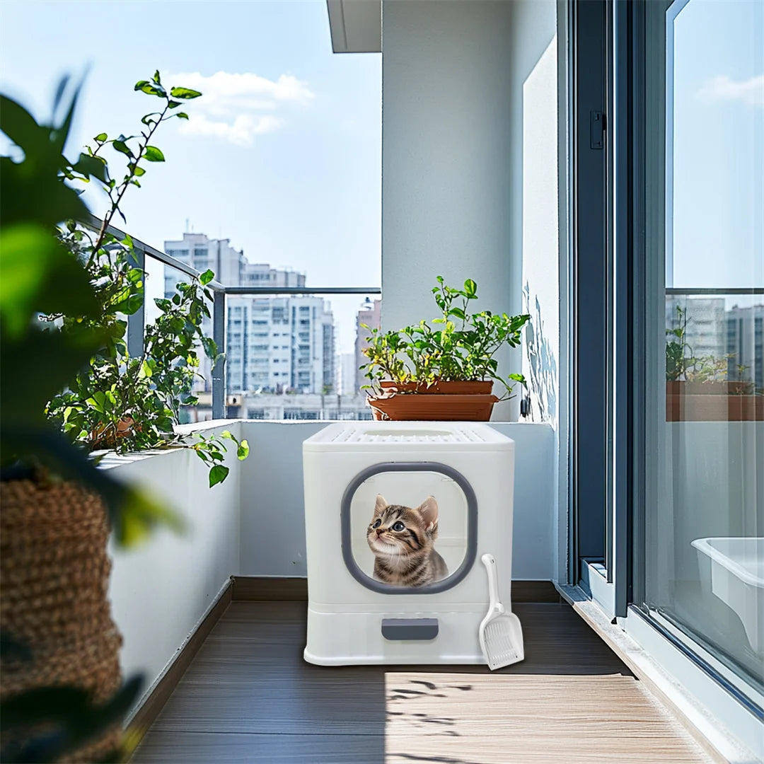 Cat Litter Box with Foldable Top Entry & Easy Clean Drawer