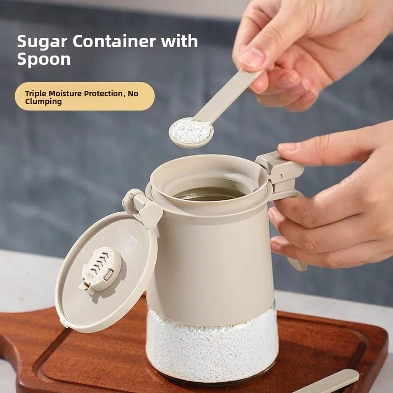 Glass Sugar Jar, Moisture Proof with Spoon