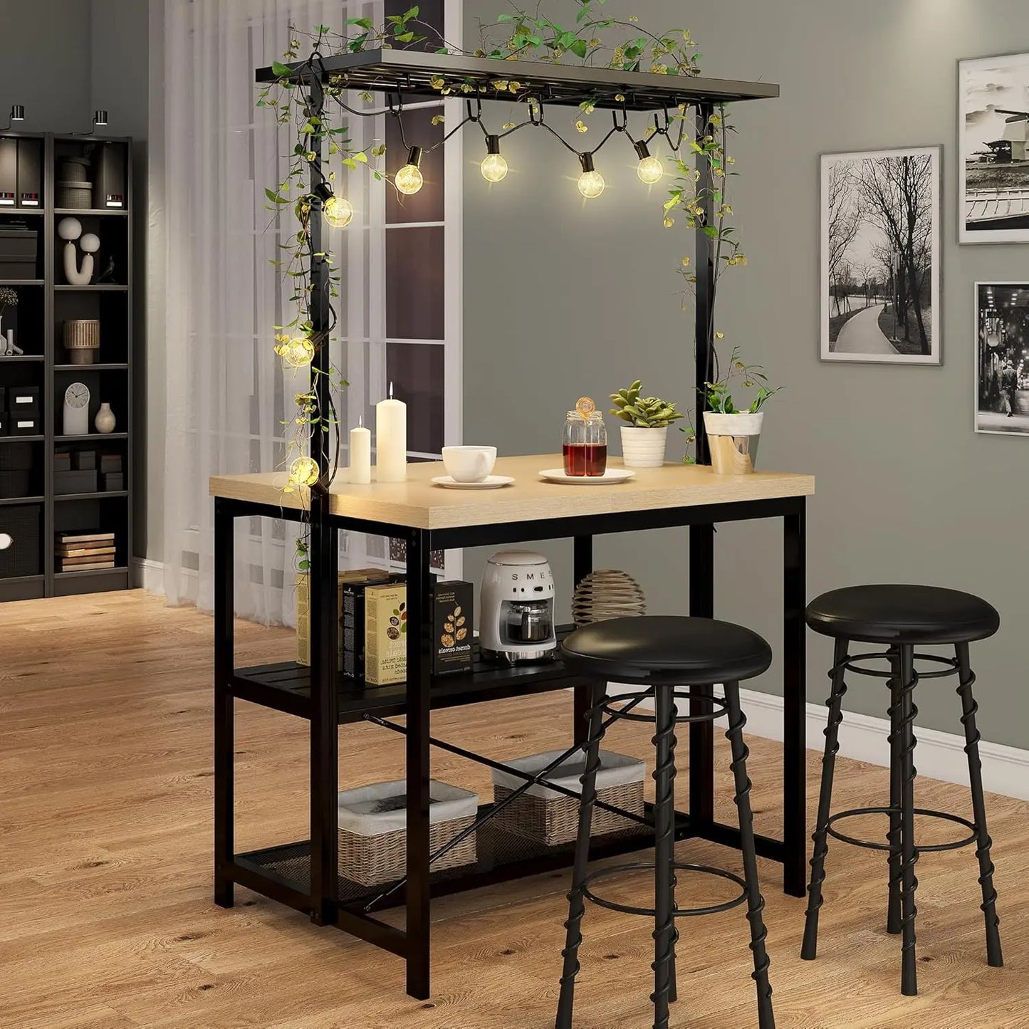 Kitchen Island Bar Table  with Storage & Power Outlet