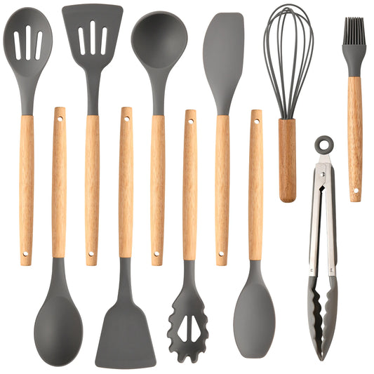 12 Pcs Non-Stick Silicon Heat Resistant Wooden Handle Utensil Set