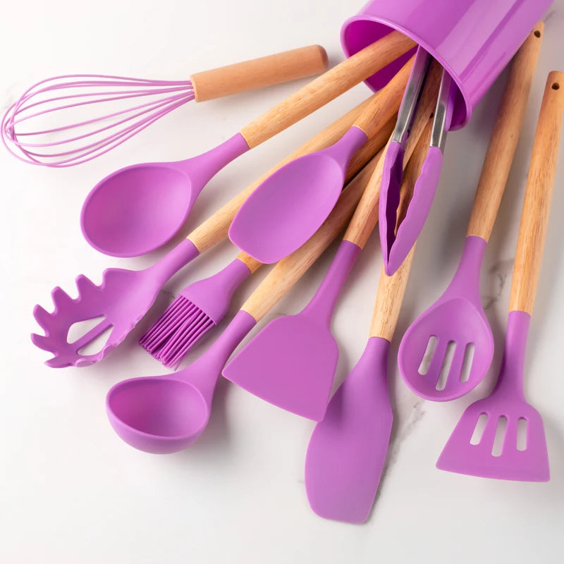 12pcs Silicone Utensil Set With Wooden Handles