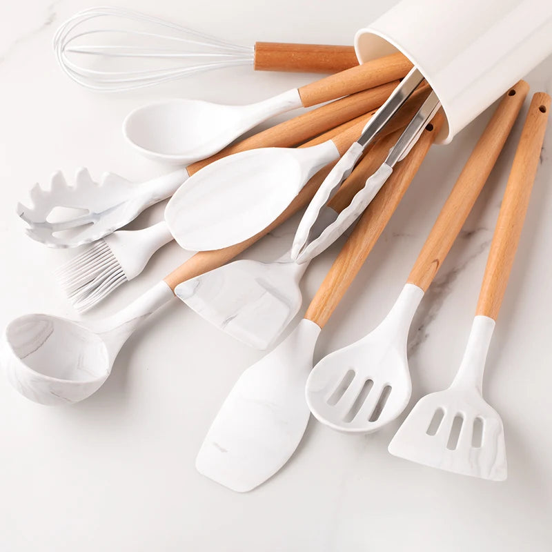 12pcs Silicone Utensil Set With Wooden Handles