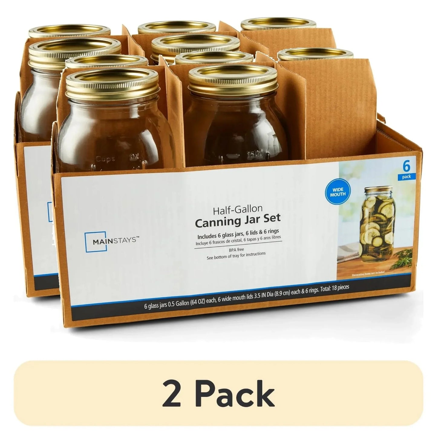 6 Count Airtight Glass Wide Mouth Canning Jars, 64 oz