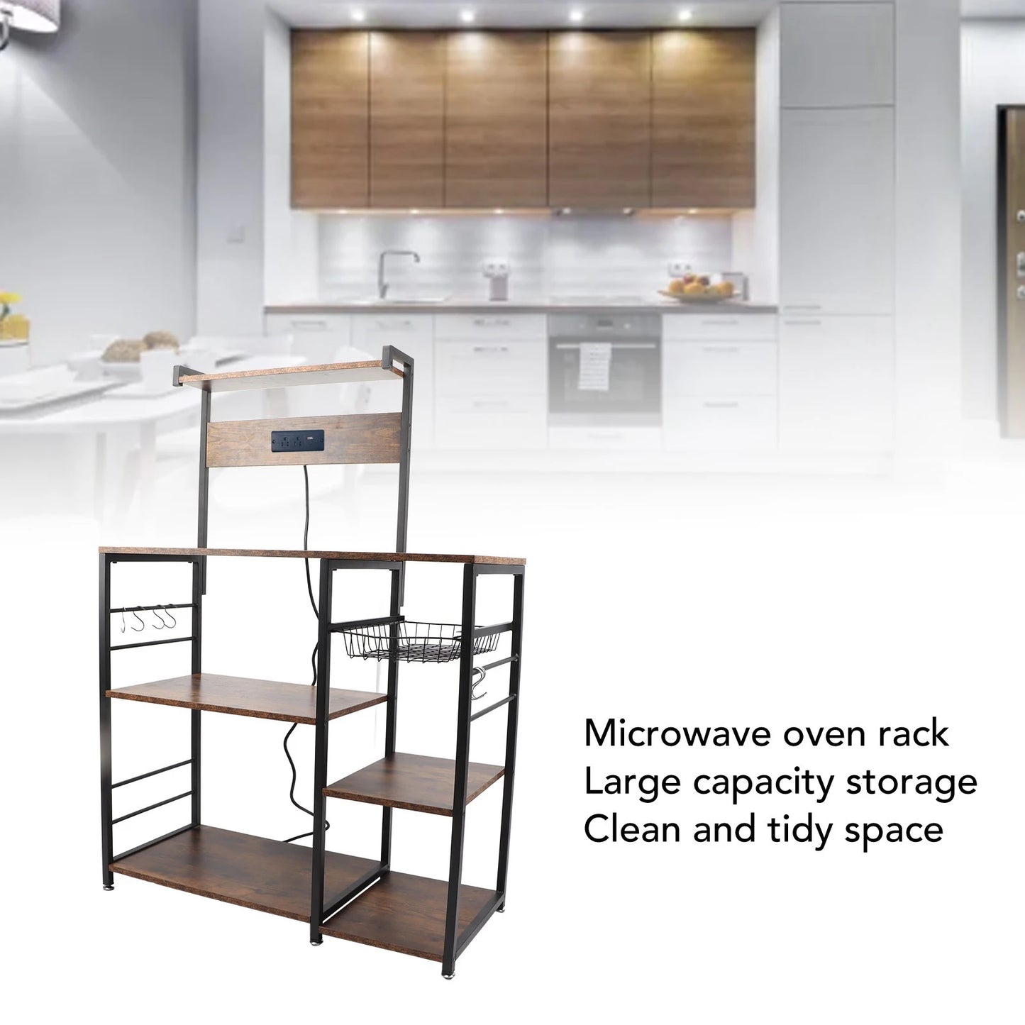 Kitchen Utility Storage Shelf with Power Supply for Microwave Oven, Coffee Bar
