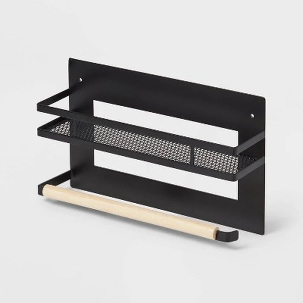 Magnetic Fridge Organizer with Mesh Shelf and Paper Towel Holder