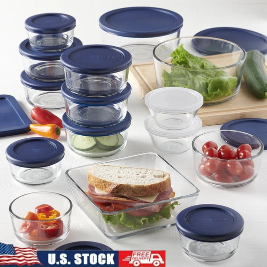 30 Pc Clear Glass Food Storage Container Set  w/ Navy Airtight Lids