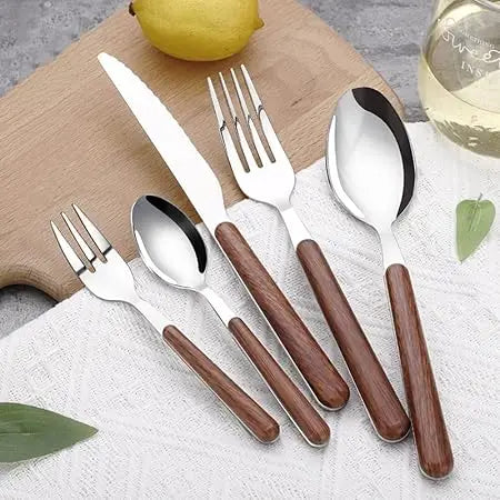Durable Stainless Steel Flatware Set, 40 pc Wood Grain Handles