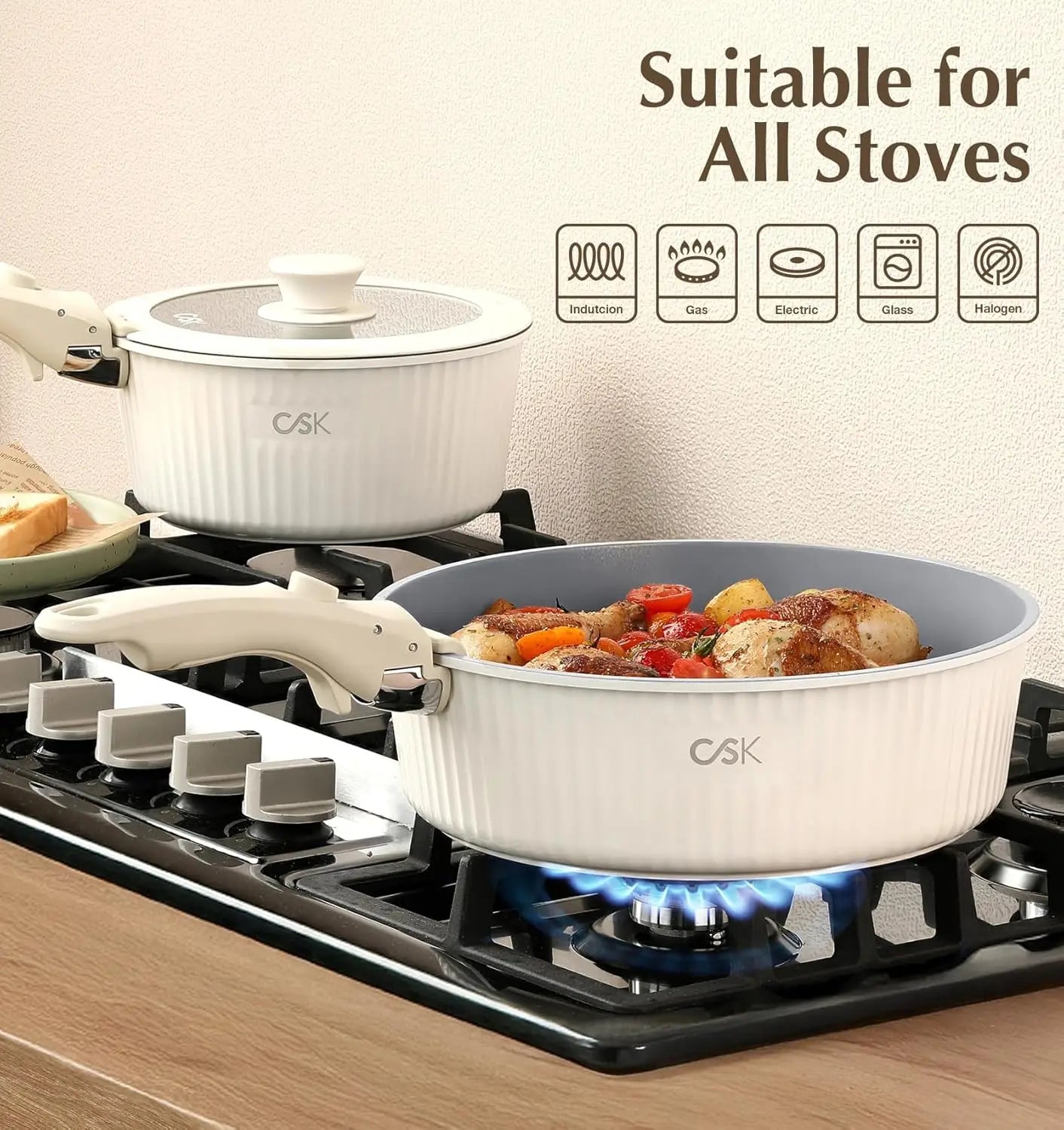17pcs Nonstick Ceramic Cookware Set w/ Detachable Handles