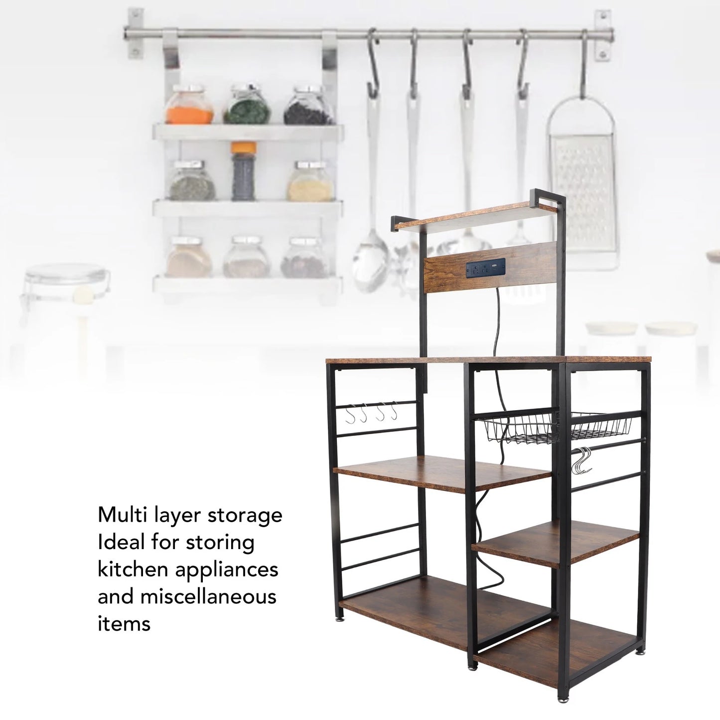 Kitchen Utility Storage Shelf with Power Supply for Microwave Oven, Coffee Bar