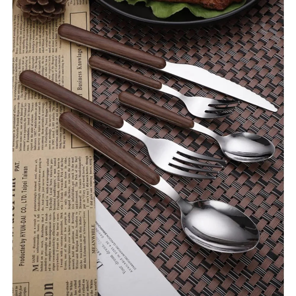 Durable Stainless Steel Flatware Set, 40 pc Wood Grain Handles