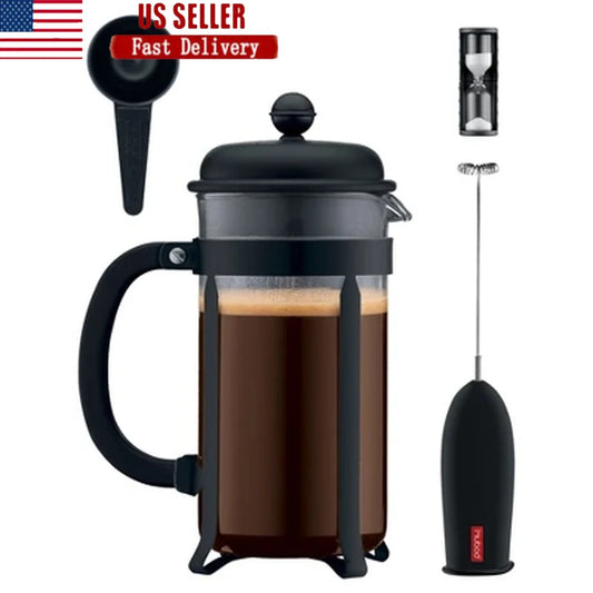8 Cup Java French Press Coffee Maker w/Battery Frother, Measuring Spoon, and Sand Timer