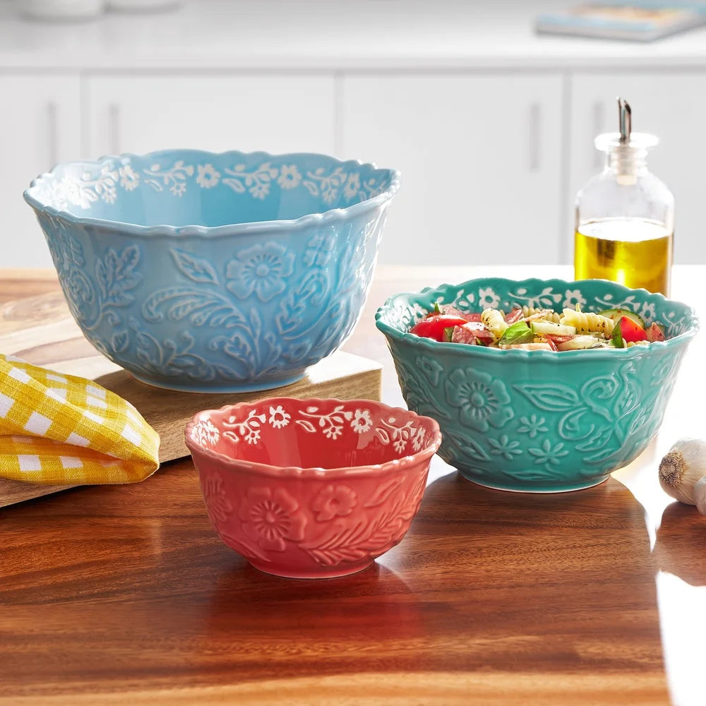 3pc Embossed Stoneware Serving Bowl Set