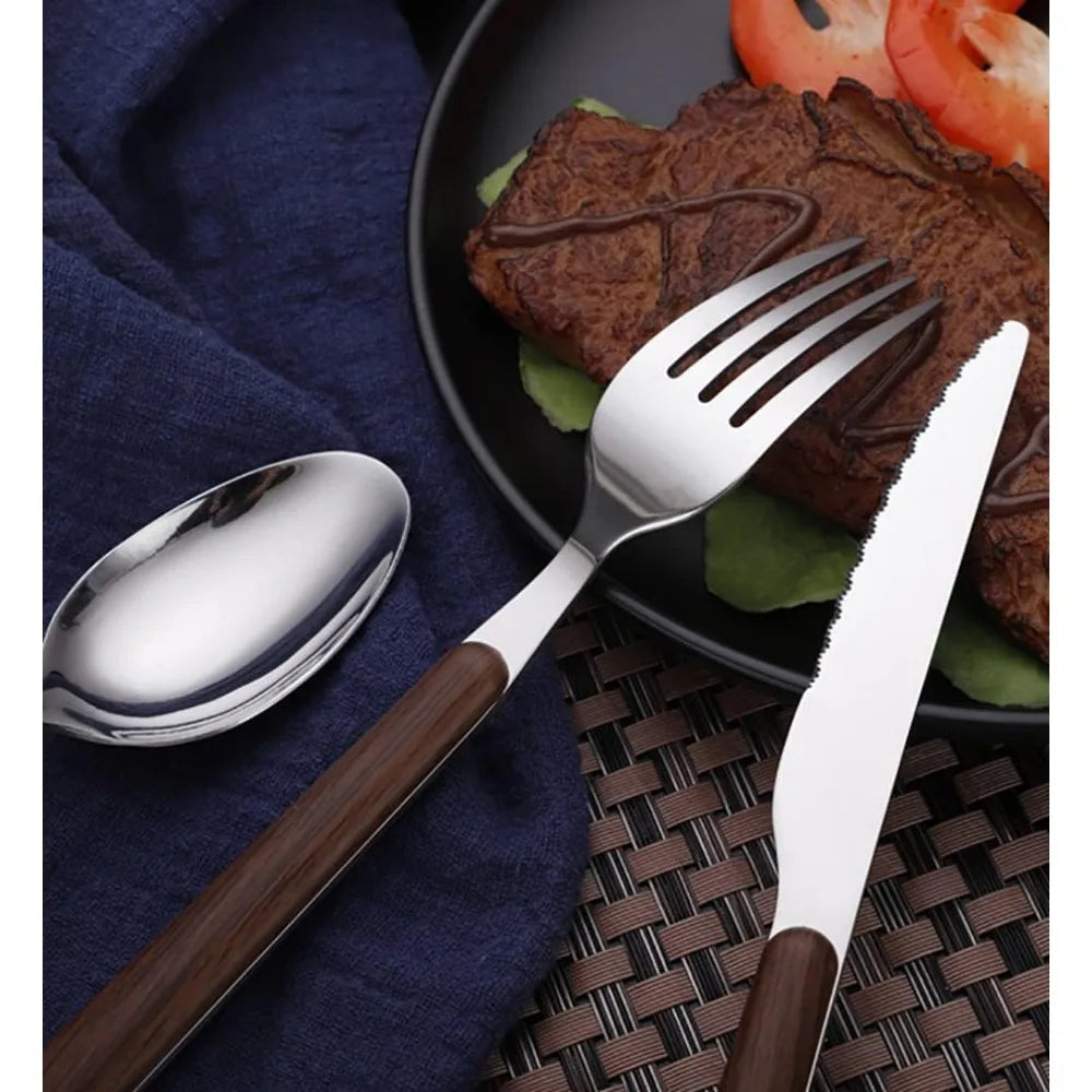 Durable Stainless Steel Flatware Set, 40 pc Wood Grain Handles