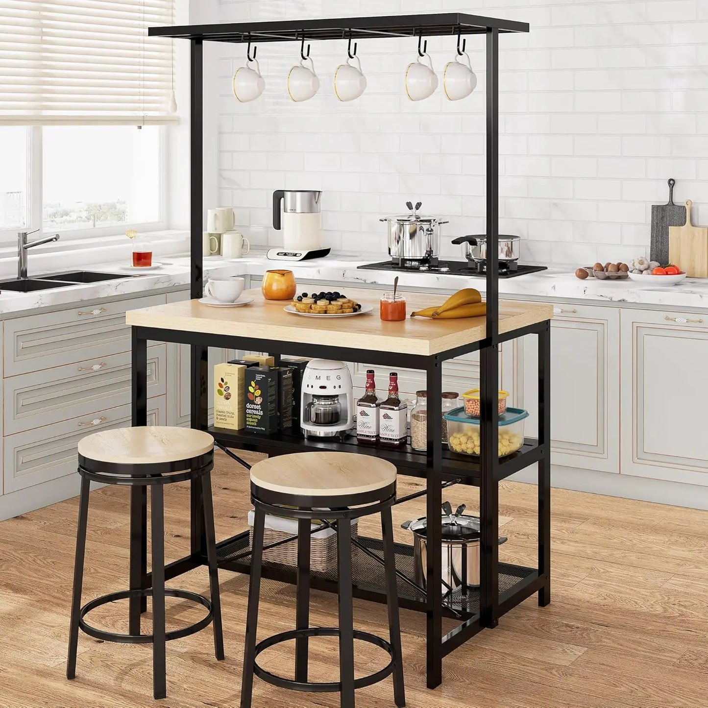 Kitchen Island Bar Table  with Storage & Power Outlet
