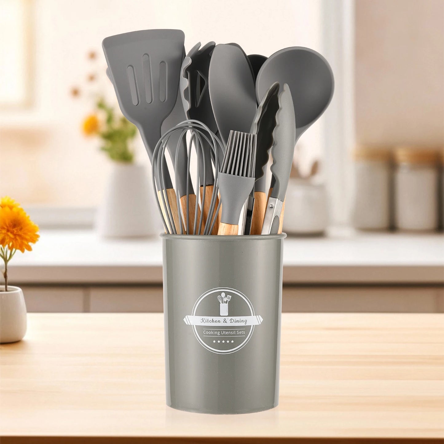 12 Pcs Non-Stick Silicon Heat Resistant Wooden Handle Utensil Set