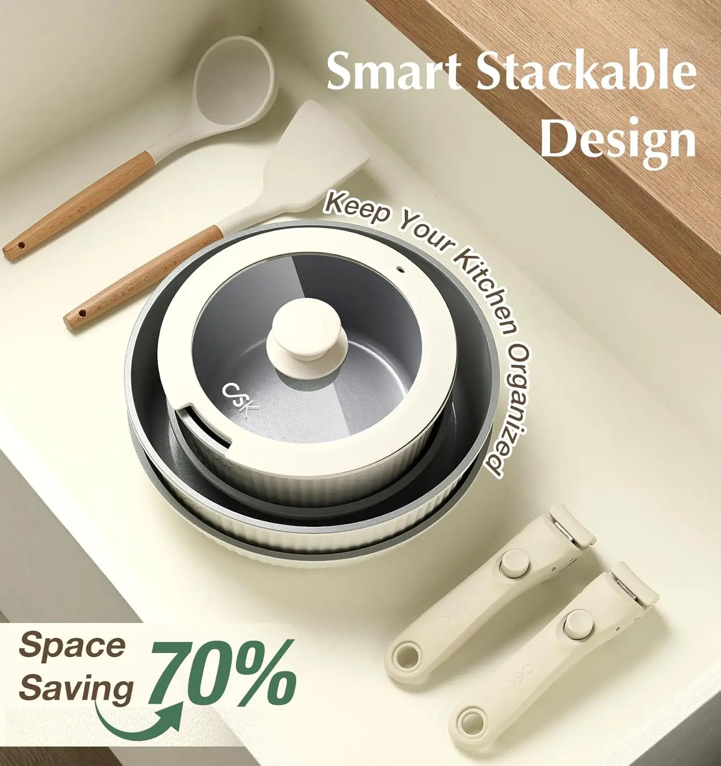 17pcs Nonstick Ceramic Cookware Set w/ Detachable Handles