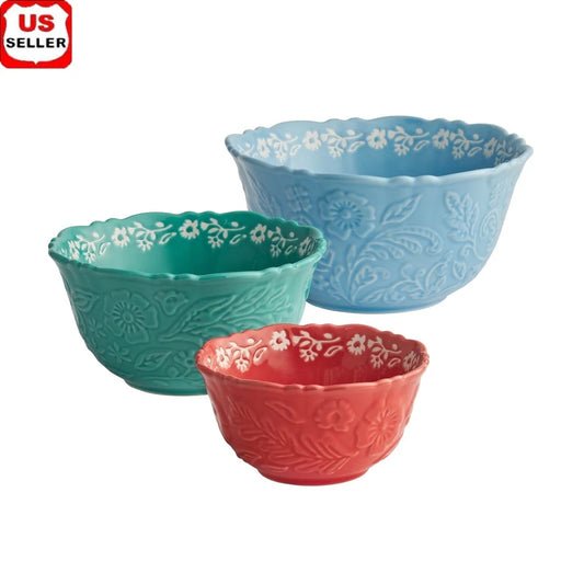 3pc Embossed Stoneware Serving Bowl Set