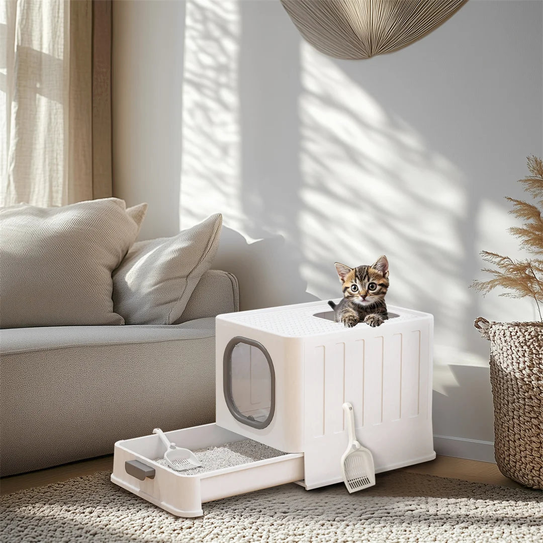 Cat Litter Box with Foldable Top Entry & Easy Clean Drawer