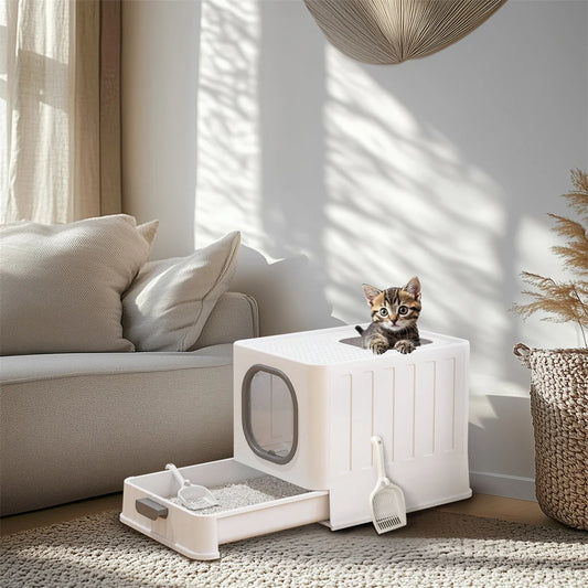 Cat Litter Box with Foldable Top Entry & Easy Clean Drawer