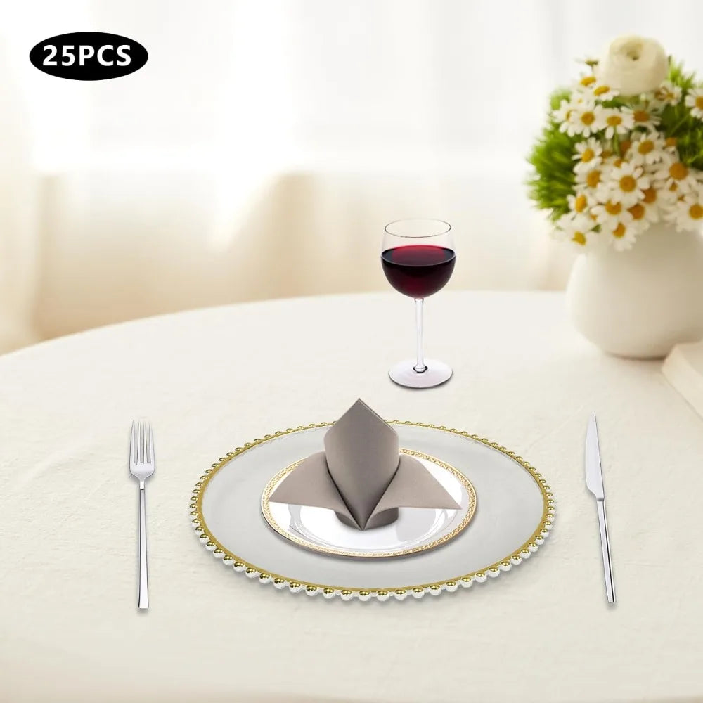 12.6 Inch Plastic Dinner Plates with Gold Beaded Rim, 25 pc. set