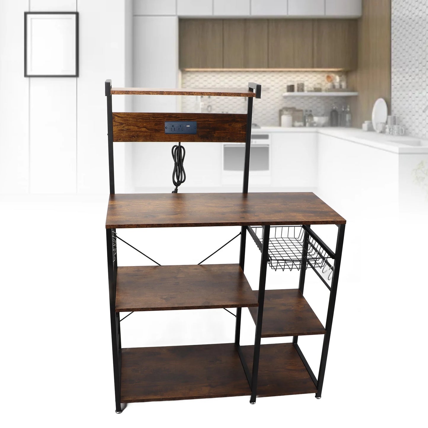 Kitchen Utility Storage Shelf with Power Supply for Microwave Oven, Coffee Bar