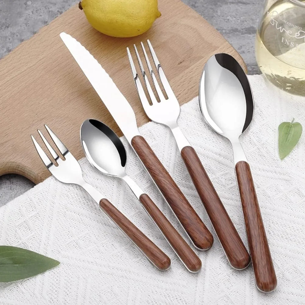 Durable Stainless Steel Flatware Set, 40 pc Wood Grain Handles