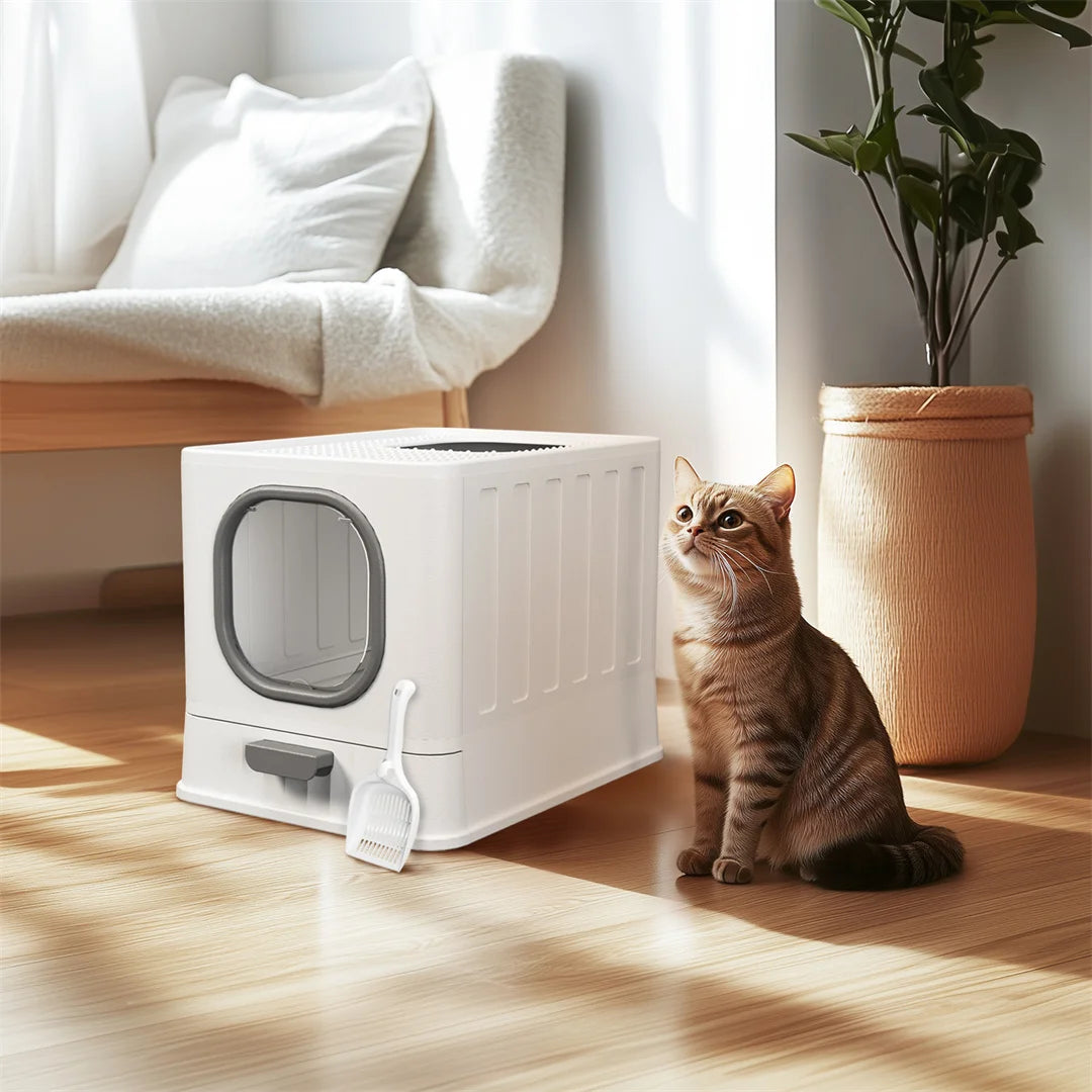 Cat Litter Box with Foldable Top Entry & Easy Clean Drawer