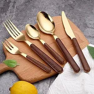 Durable Stainless Steel Flatware Set, 40 pc Wood Grain Handles