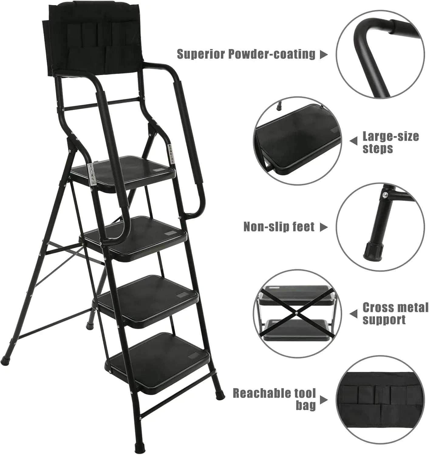 4 Step Folding Step Stool with Handrails, 500 lb Capacity