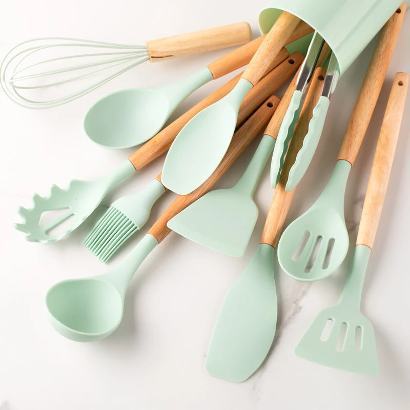 12pcs Silicone Utensil Set With Wooden Handles