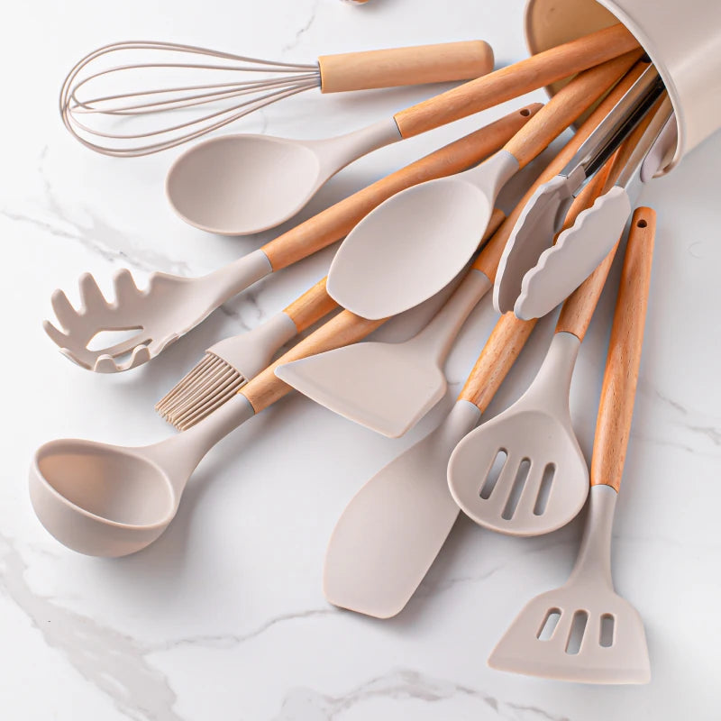 12pcs Silicone Utensil Set With Wooden Handles