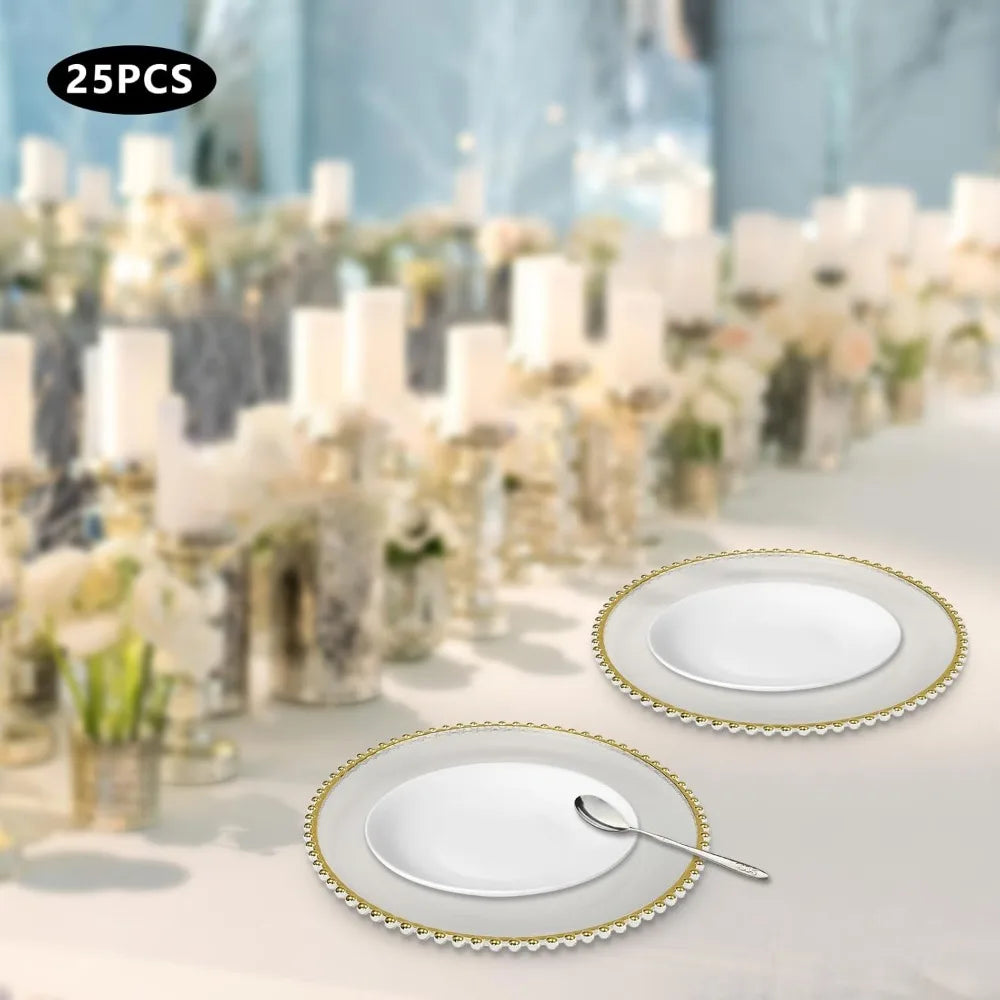 12.6 Inch Plastic Dinner Plates with Gold Beaded Rim, 25 pc. set