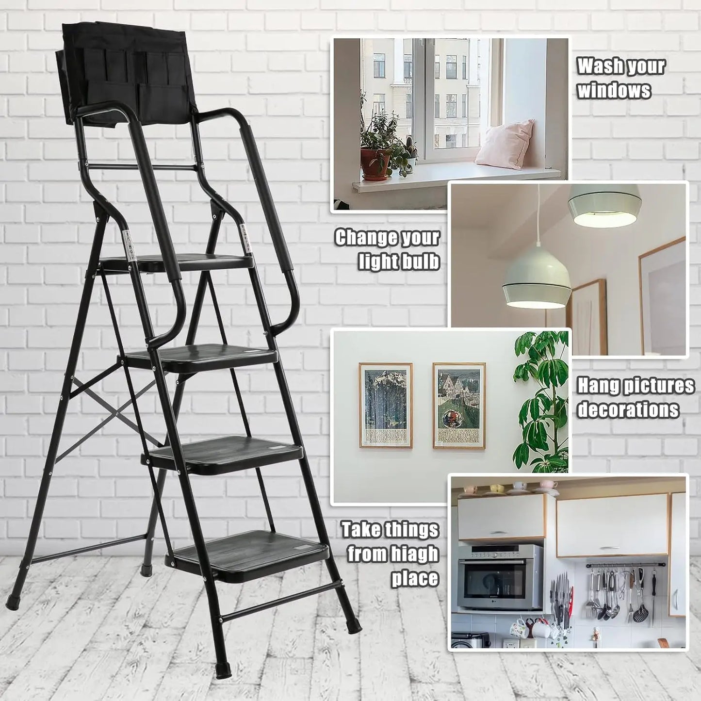 4 Step Folding Step Stool with Handrails, 500 lb Capacity